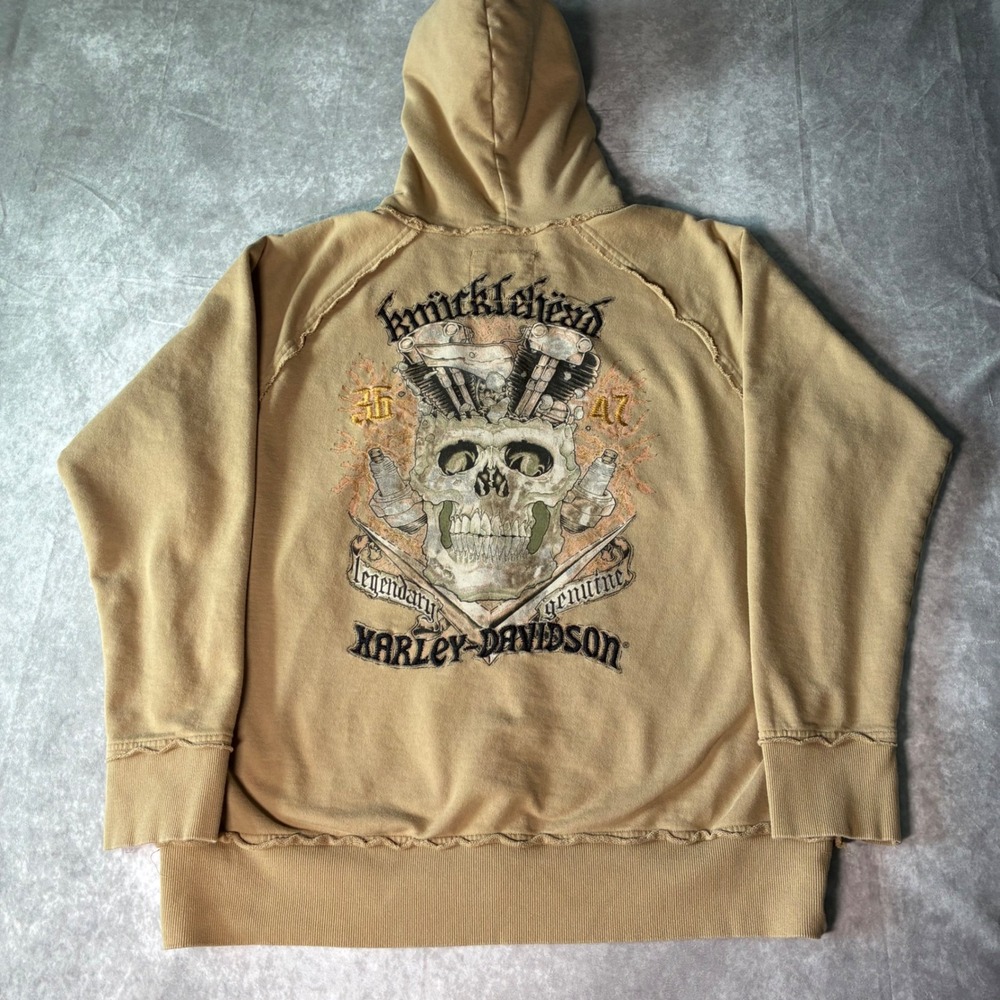 Y2K Harley-Davidson H-D Ink Knucklehead Skull Full Zip Hoodie Tan Mens XL
